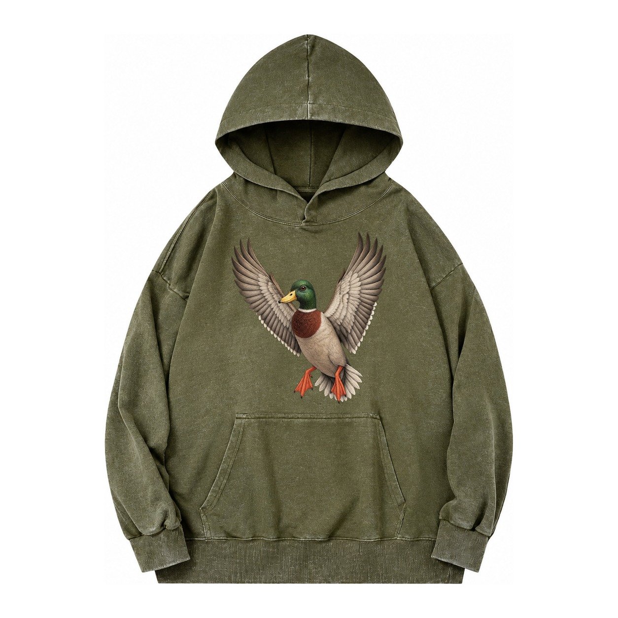 Mallard In Flight Vintage Washed Hoodie – Army Green