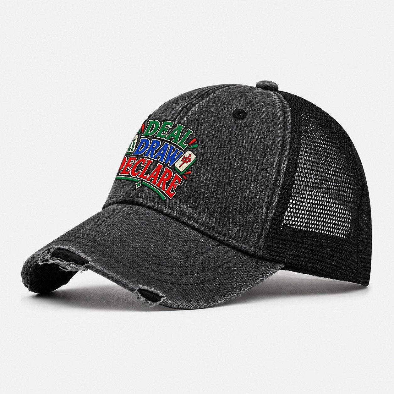 Deal Draw Declare Mahjong Game Night Washed Trucker Hat – Black