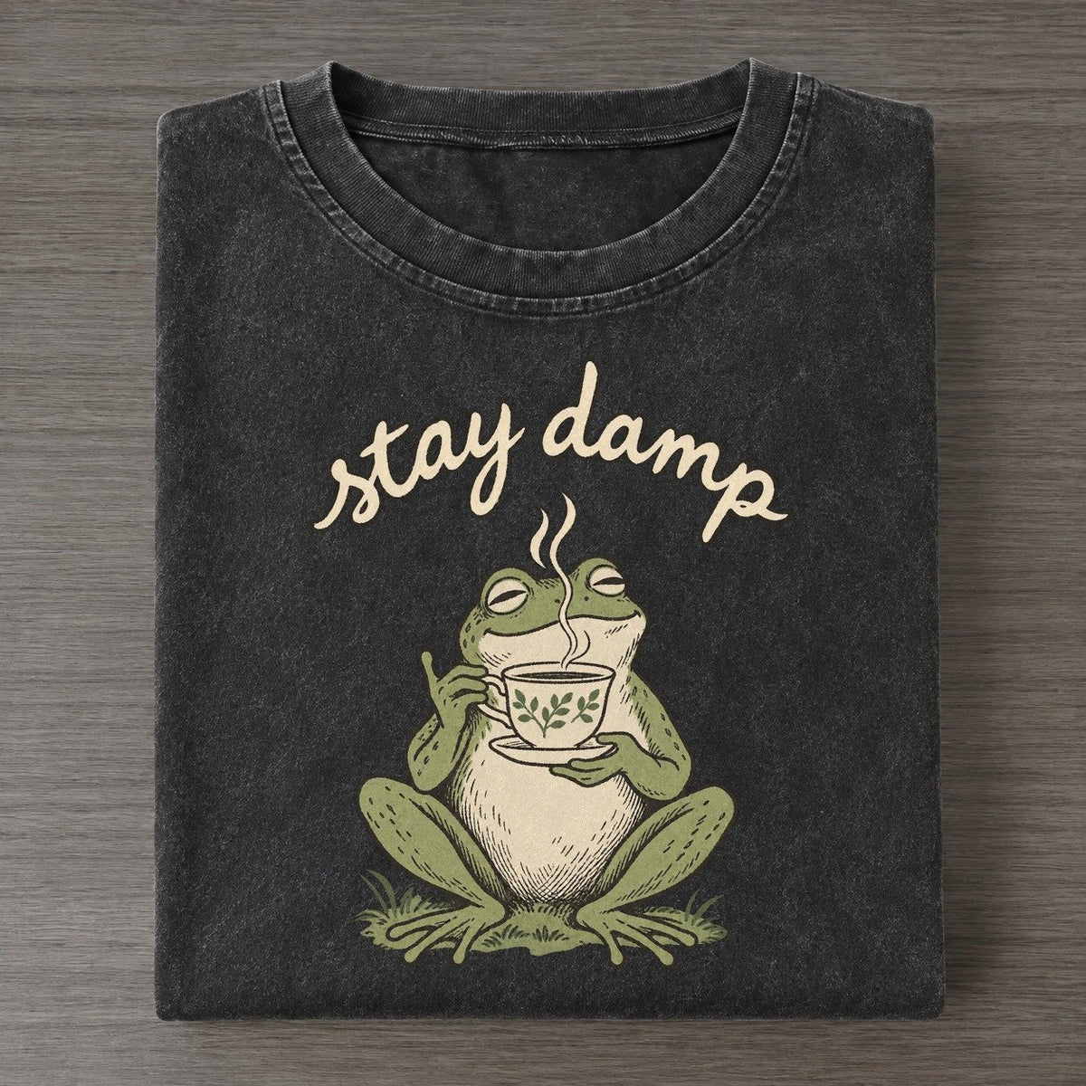 Teacup Morning Pond Folk Vintage T-shirt – Black