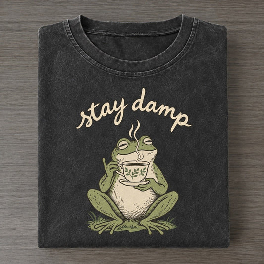 Teacup Morning Pond Folk Vintage T-shirt – Black