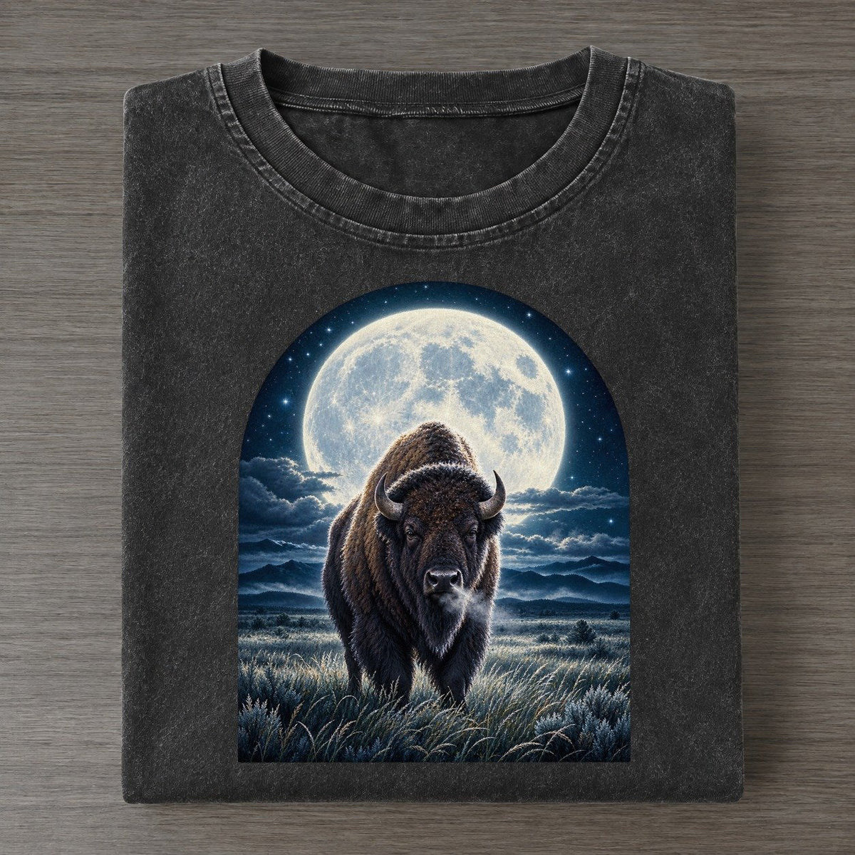 Bison On The Prairie Moon Country Vintage T-shirt – Black