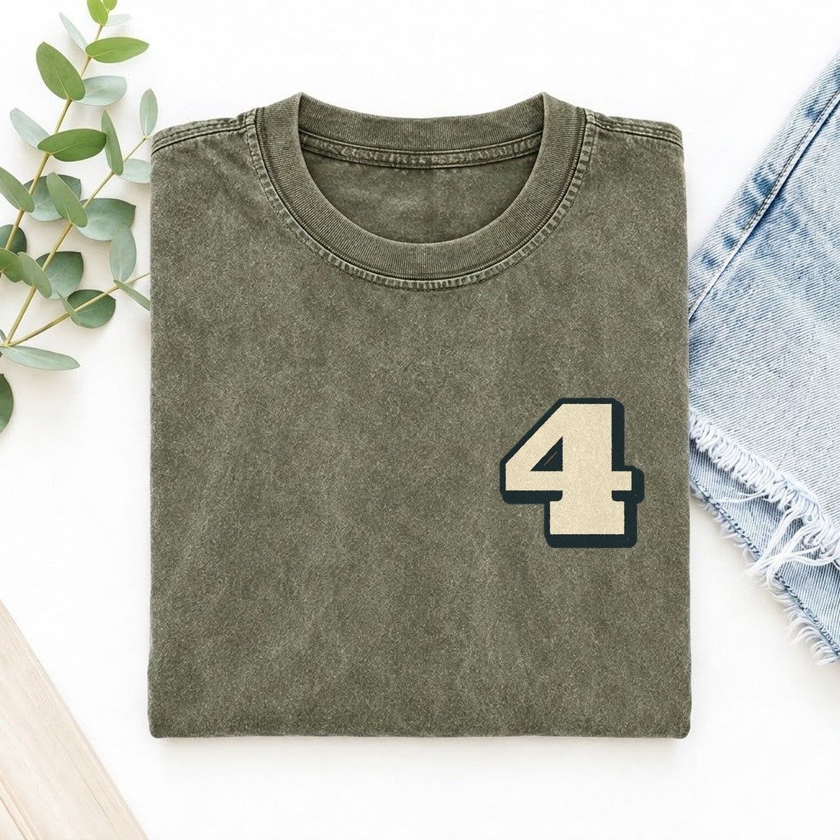 Number 4 Left Chest Vintage T-shirt – Army Green