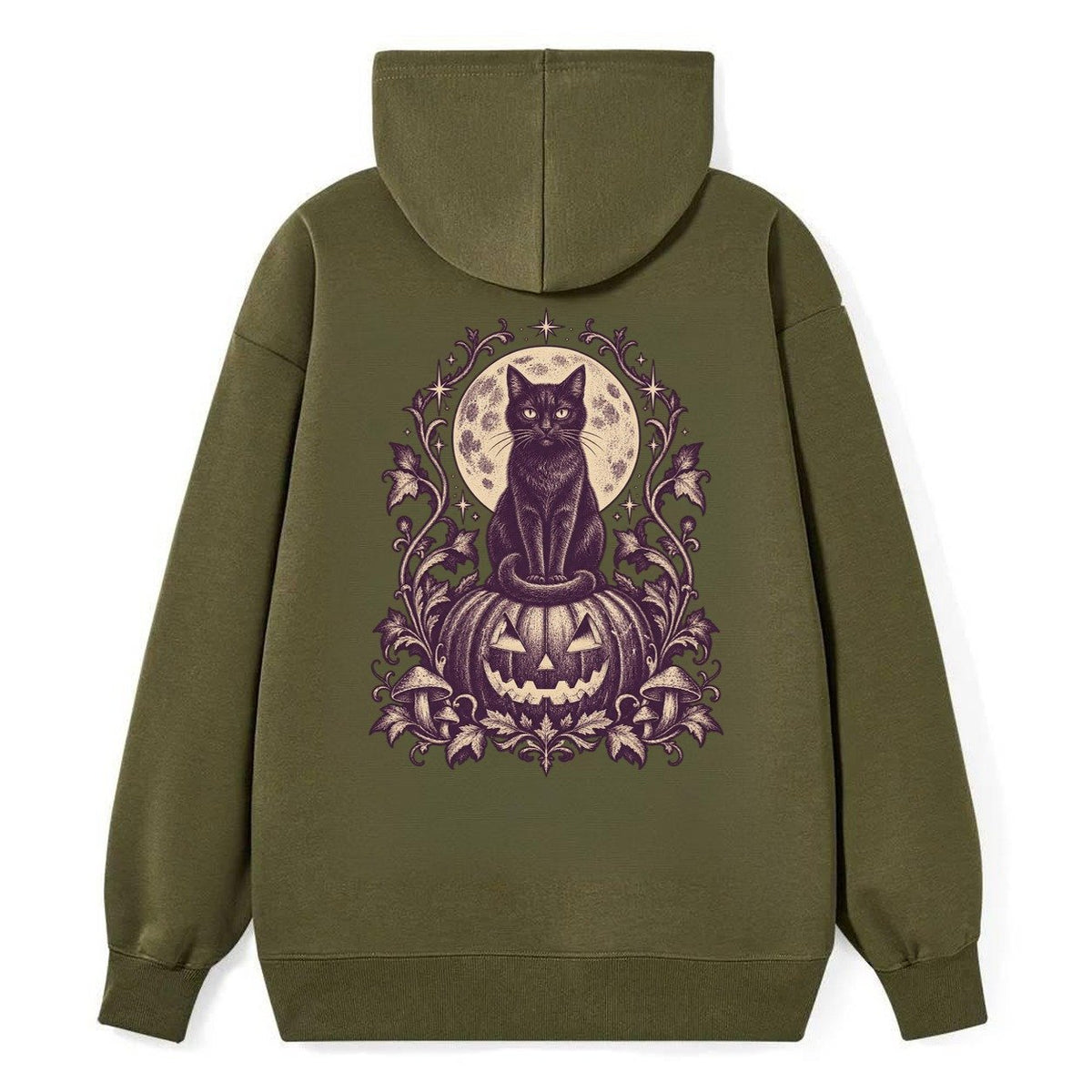 A Black Cat Sitting Upright On Top Of A Large Carved Jack O Lantern Tail Curled Around Its Paws A Full Moon Glowing Behind It Wordless Single Hue Gothic Engraving Portrait Midnight Haunt Classic Pullover Hoodie – Armygreen