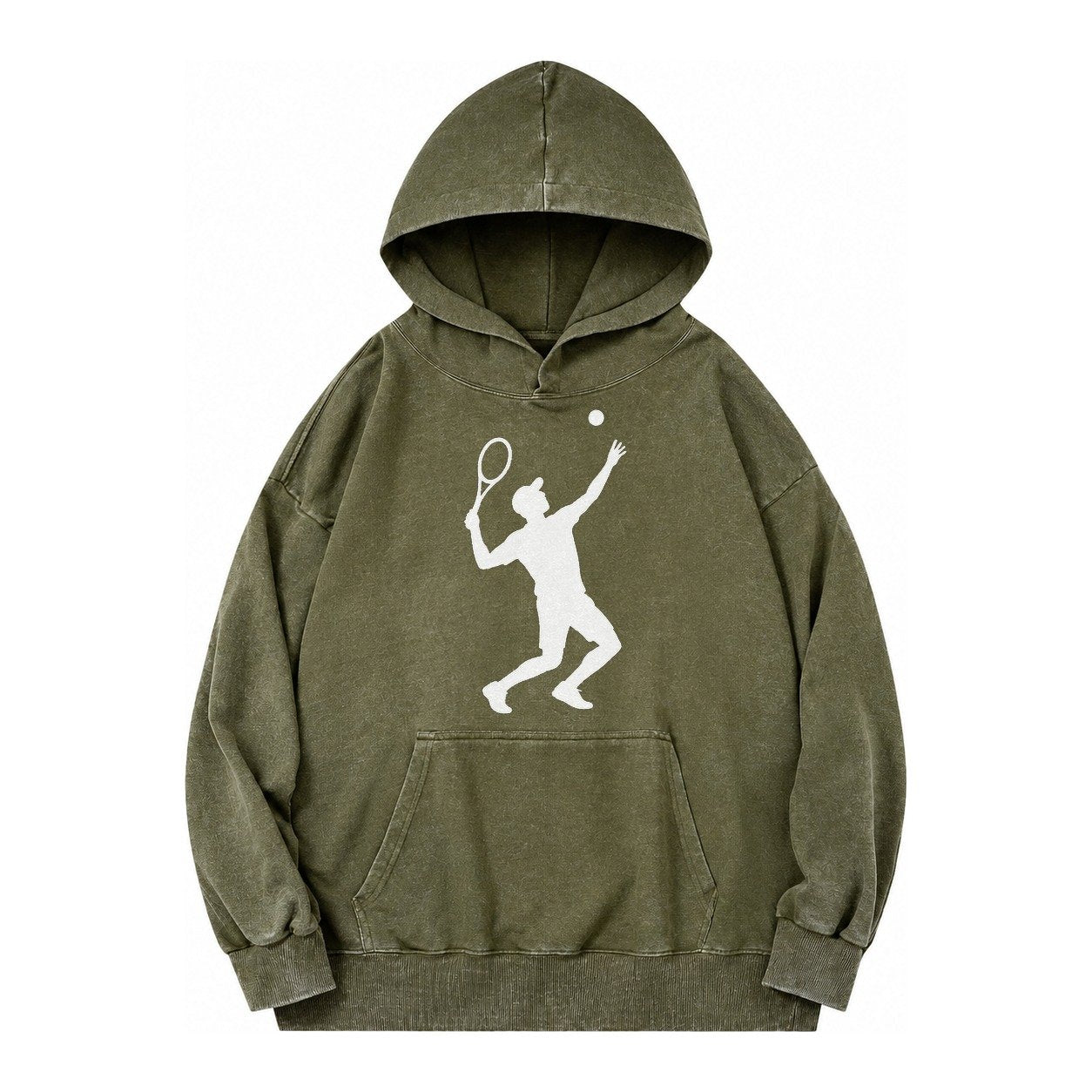 Tennis Player Serving Powerful Shot Vintage Washed Hoodie – Army Green