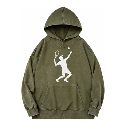 Tennis Player Serving Powerful Shot Vintage Washed Hoodie – Army Green