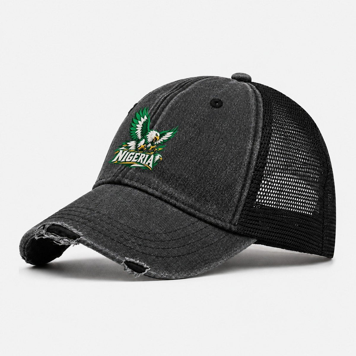 Nigeria Cut-Paper Retro Badge Washed Trucker Hat – Black