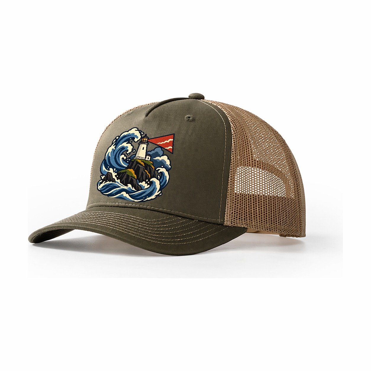Hebridean Lighthouse And Storm Wave Uk Culture Heritage Trucker Hat – Olive Khaki