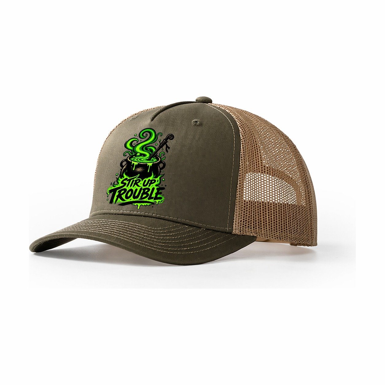 Stir Up Trouble Slogan Witch Magic Trucker Hat – Olive Khaki