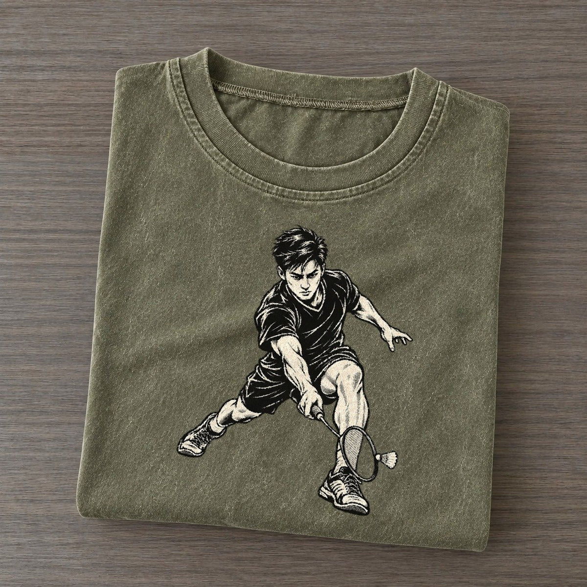 Badminton Deep Net Lunge Global Sports Ink Figures Vintage T-shirt – Army Green
