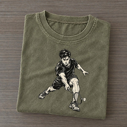 Badminton Deep Net Lunge Global Sports Ink Figures Vintage T-shirt – Army Green