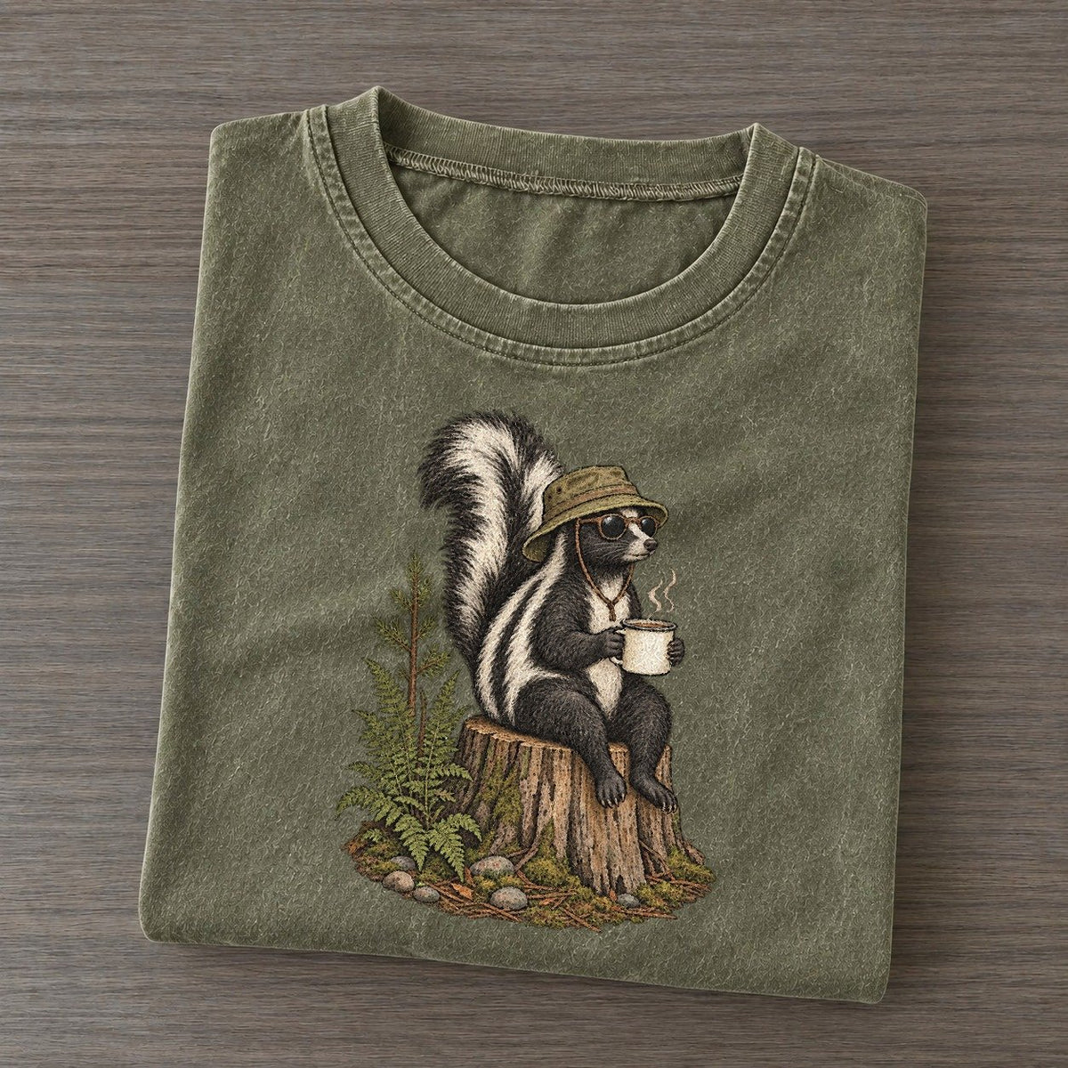Skunk Campfire Slow Camp Club Vintage T-shirt – Army Green