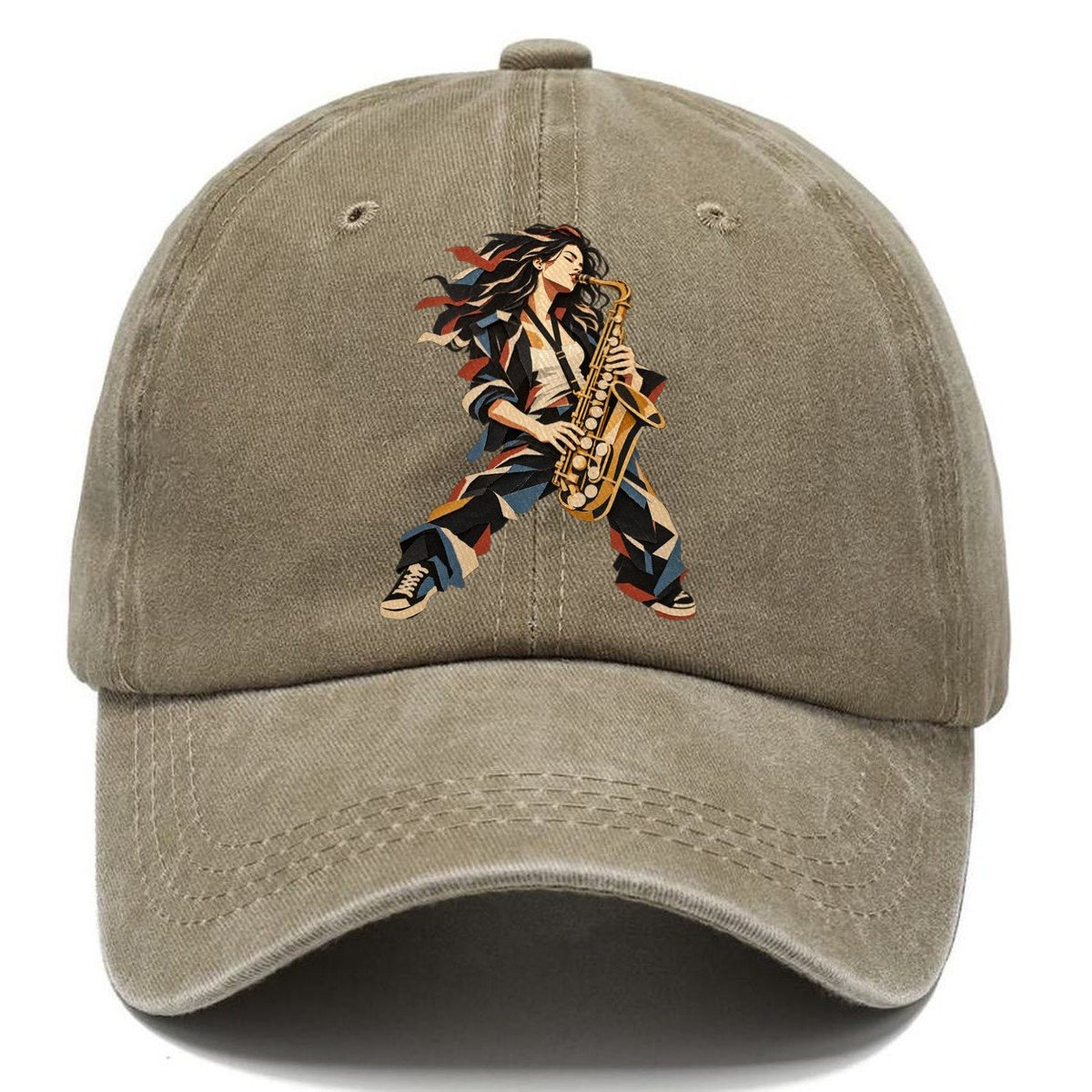 Saxophone Woman Paper Collage Classic Cap – Warm Sand