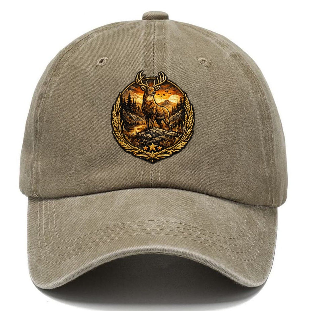 Majestic Stag Sunset Wilderness Crest Classic Cap – Warm Sand