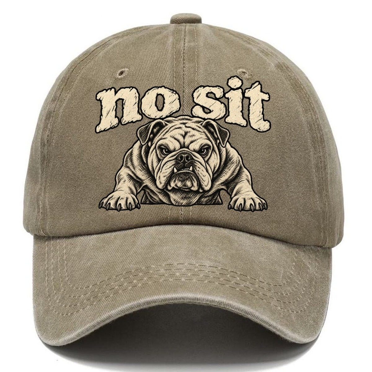 A Stocky Bulldog Planted Square On Braced Front Legs Head And Chest Only Bark For Me Classic Cap – Warm Sand