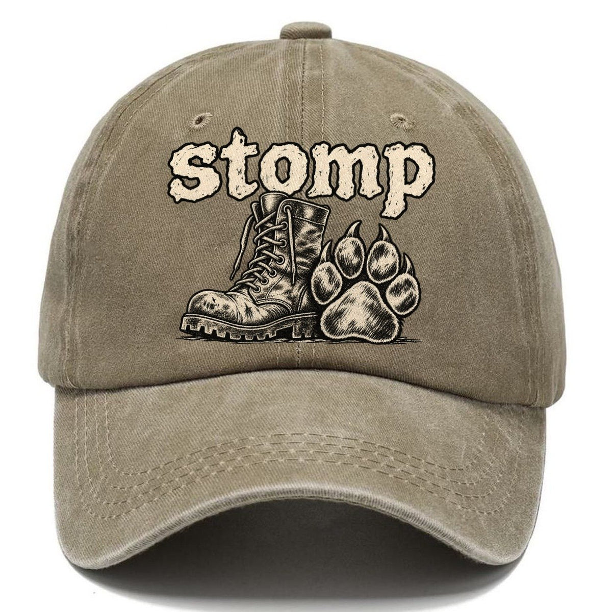 A Battered Lace Up Boot Beside One Large Dog Paw Print Bark For Me Classic Cap – Warm Sand