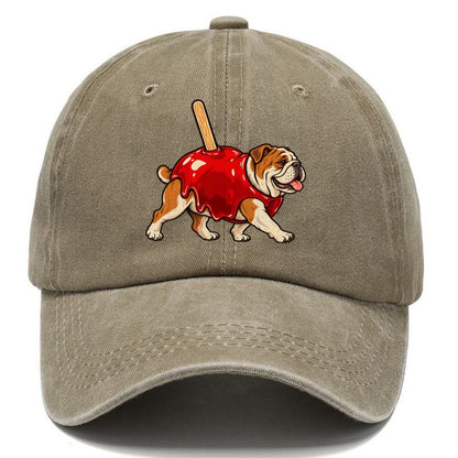 One Bulldog In Halloween Costume Candy Apple Costume Red Glossy Shell With A Stick Halloween Dog Parade Classic Cap – Warm Sand