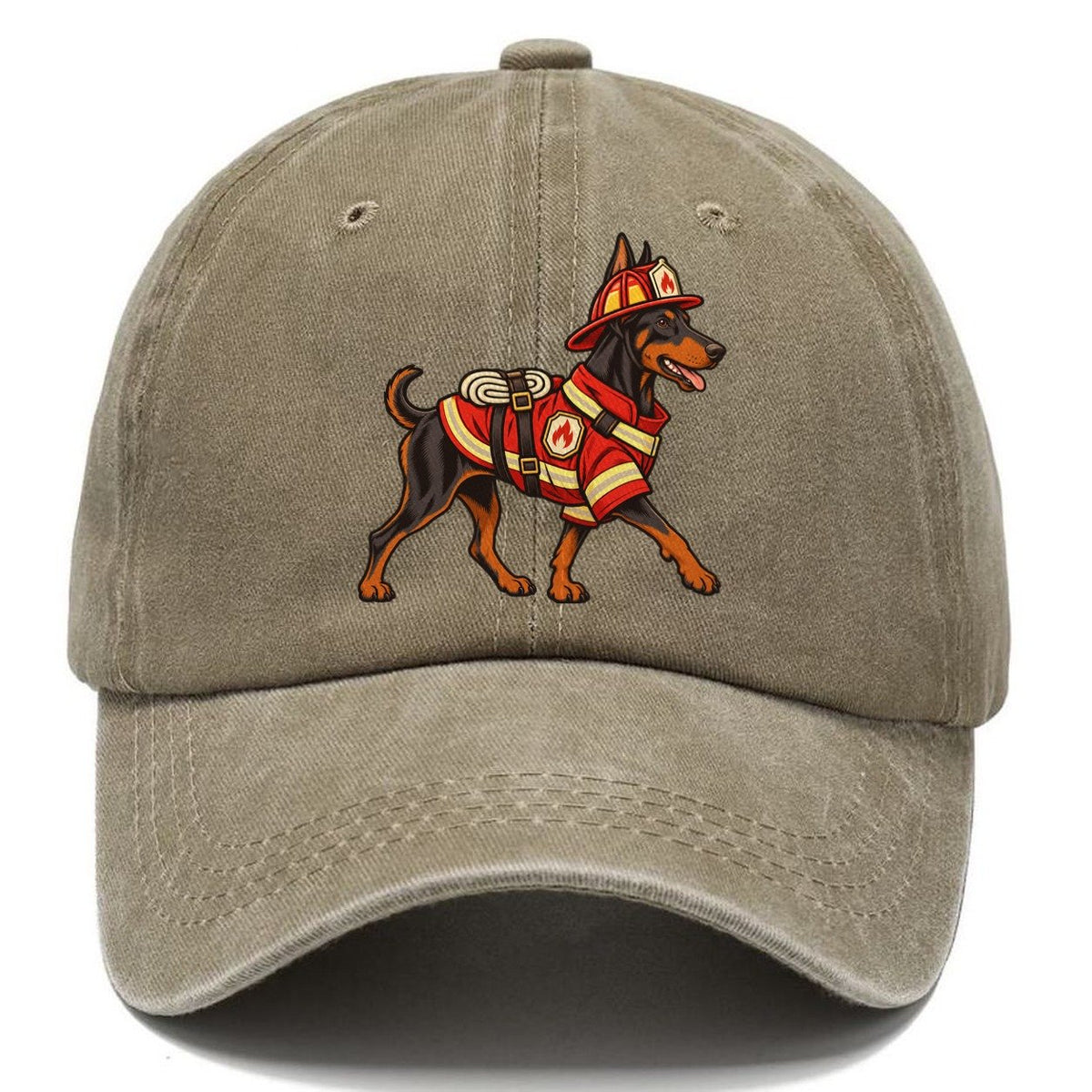 One Doberman Pinscher In Halloween Costume Firefighter Costume With A Small Helmet And Coat Halloween Dog Parade Classic Cap – Warm Sand