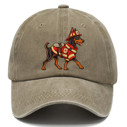 One Doberman Pinscher In Halloween Costume Firefighter Costume With A Small Helmet And Coat Halloween Dog Parade Classic Cap – Warm Sand