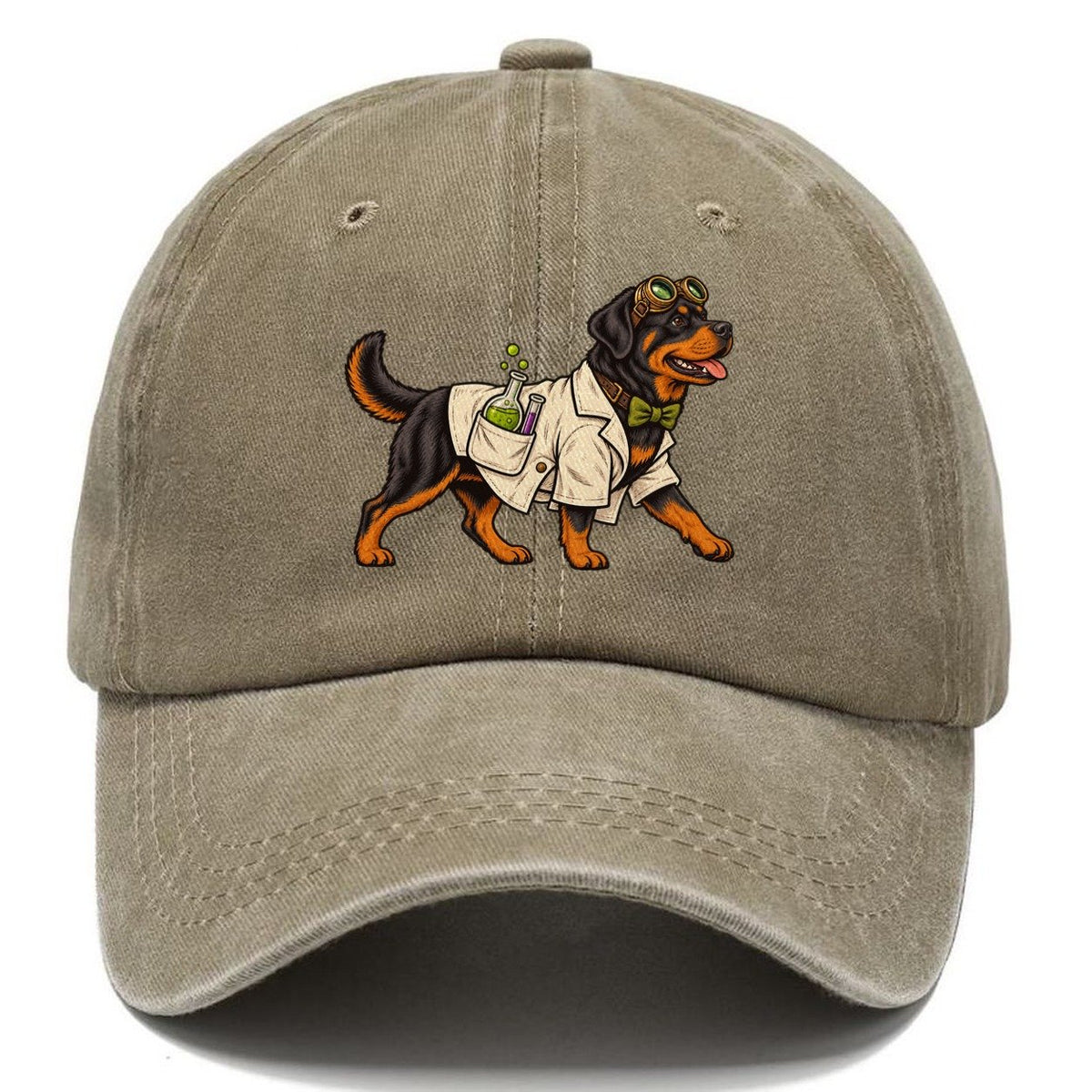 One Rottweiler In Halloween Costume Mad Scientist Costume With A Tiny Lab Coat And Goggles Halloween Dog Parade Classic Cap – Warm Sand