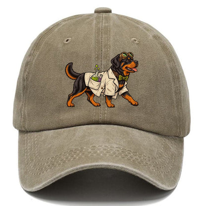 One Rottweiler In Halloween Costume Mad Scientist Costume With A Tiny Lab Coat And Goggles Halloween Dog Parade Classic Cap – Warm Sand