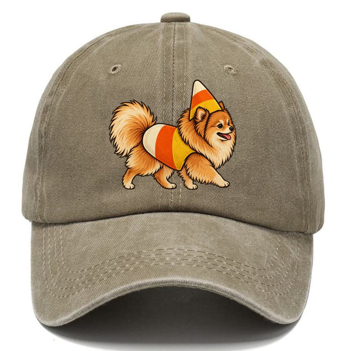 One Pomeranian In Halloween Costume Candy Corn Costume Tri Color Pointed Cone Halloween Dog Parade Classic Cap – Warm Sand