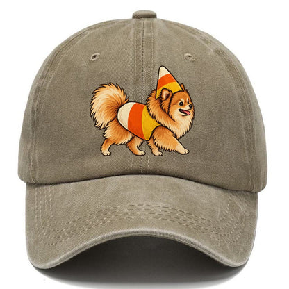One Pomeranian In Halloween Costume Candy Corn Costume Tri Color Pointed Cone Halloween Dog Parade Classic Cap – Warm Sand