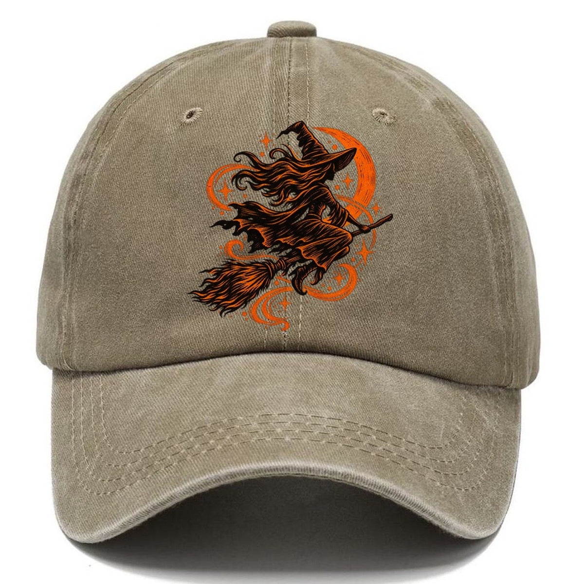 Woodcut Witch Riding Broomstick Classic Cap – Warm Sand