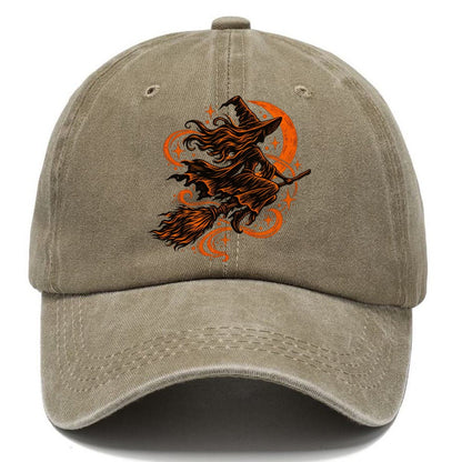 Woodcut Witch Riding Broomstick Classic Cap – Warm Sand
