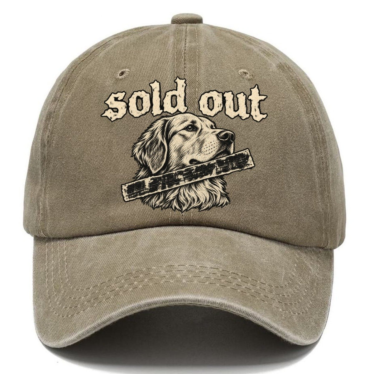 A Calm Dog Head In Three Quarter View Crossed By A Thick Stamped Bar Bark For Me Classic Cap – Warm Sand