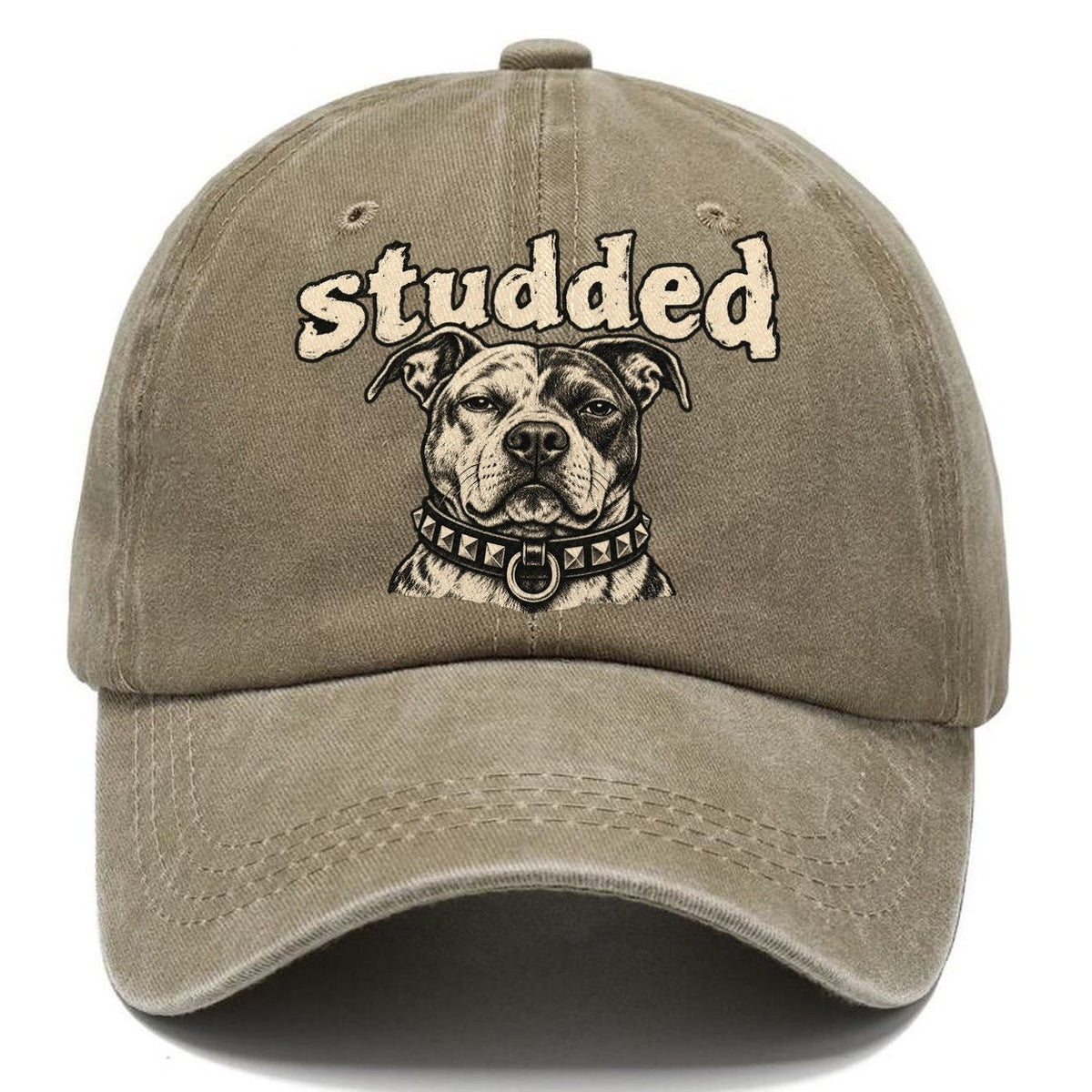 A Broad Skulled Dog Head Wearing A Heavy Studded Collar Bark For Me Classic Cap – Warm Sand