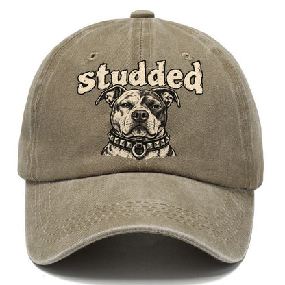 A Broad Skulled Dog Head Wearing A Heavy Studded Collar Bark For Me Classic Cap – Warm Sand