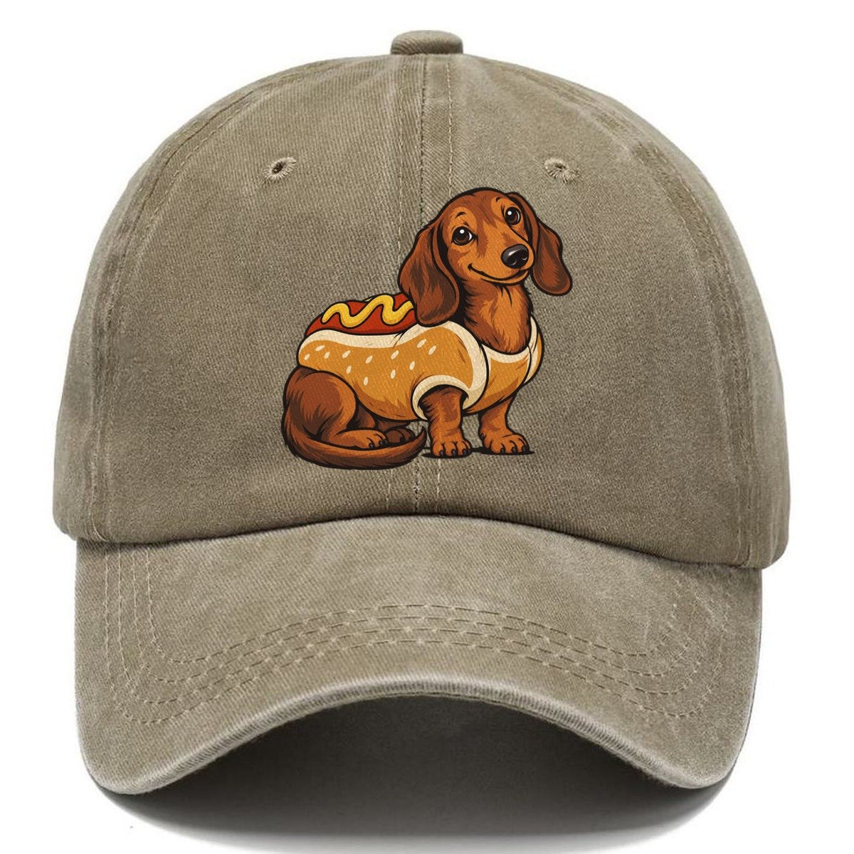 One Dachshund In Halloween Costume Hot Dog Bun Costume With Mustard Squiggle Halloween Dog Parade Classic Cap – Warm Sand
