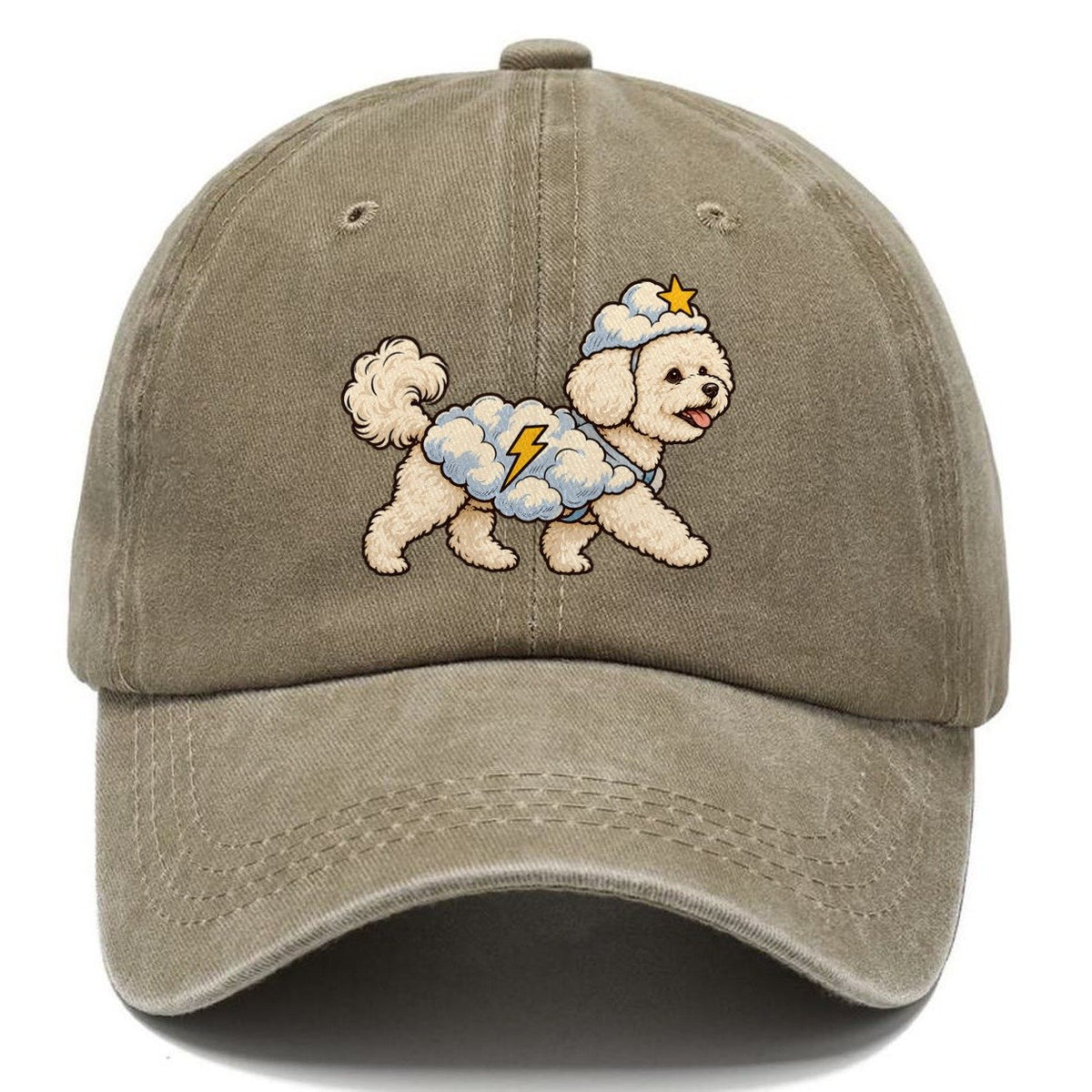 One Bichon Frise In Halloween Costume Cloud Costume With Cotton Puff Texture And A Tiny Lightning Bolt Halloween Dog Parade Classic Cap – Warm Sand