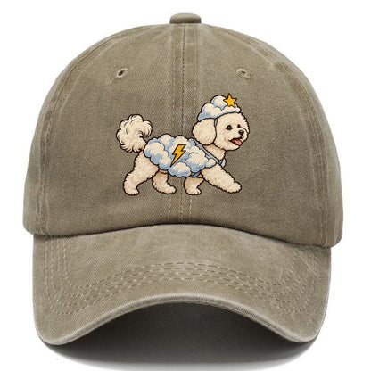 One Bichon Frise In Halloween Costume Cloud Costume With Cotton Puff Texture And A Tiny Lightning Bolt Halloween Dog Parade Classic Cap – Warm Sand