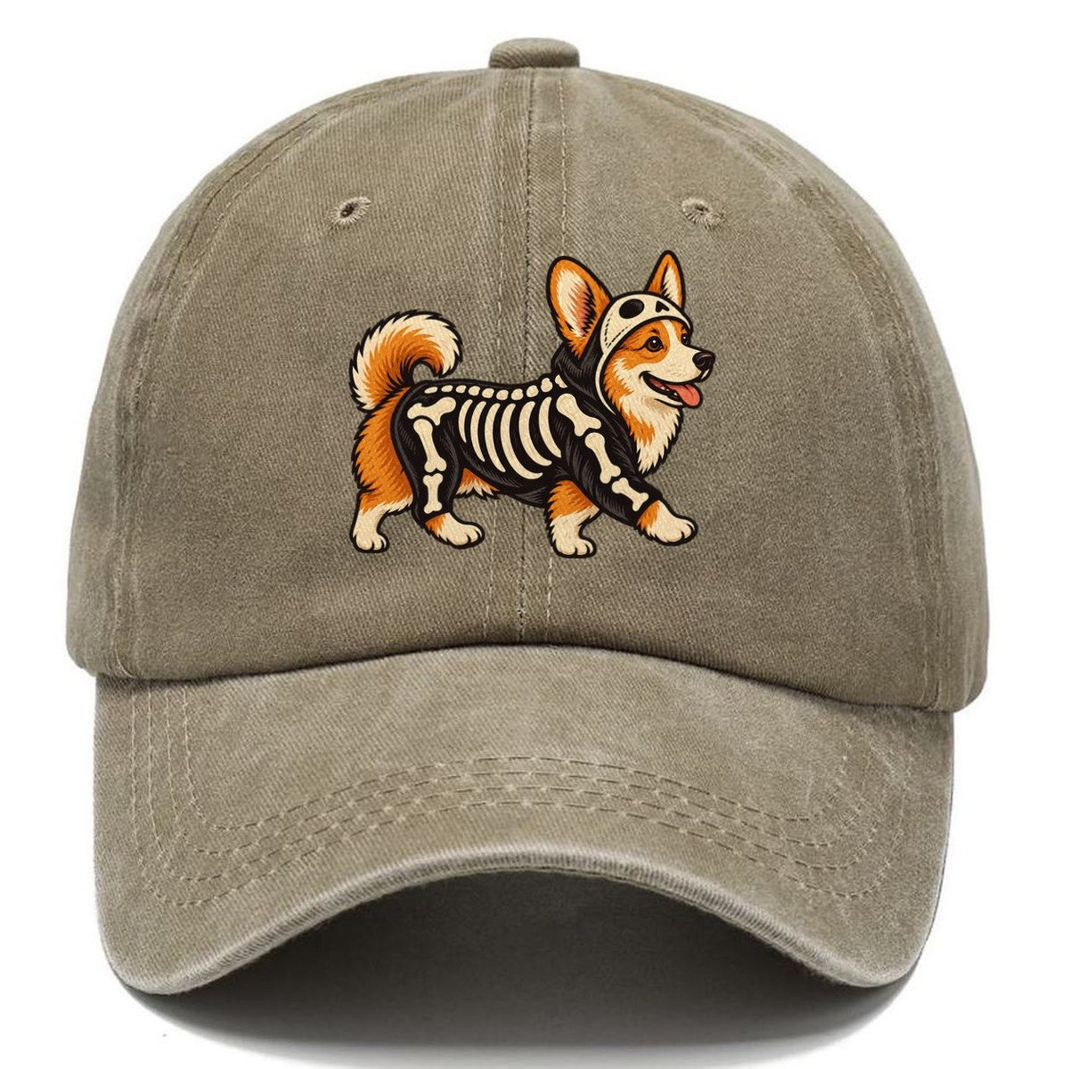 One Corgi In Halloween Costume Skeleton With Painted On Bones Halloween Dog Parade Classic Cap – Warm Sand