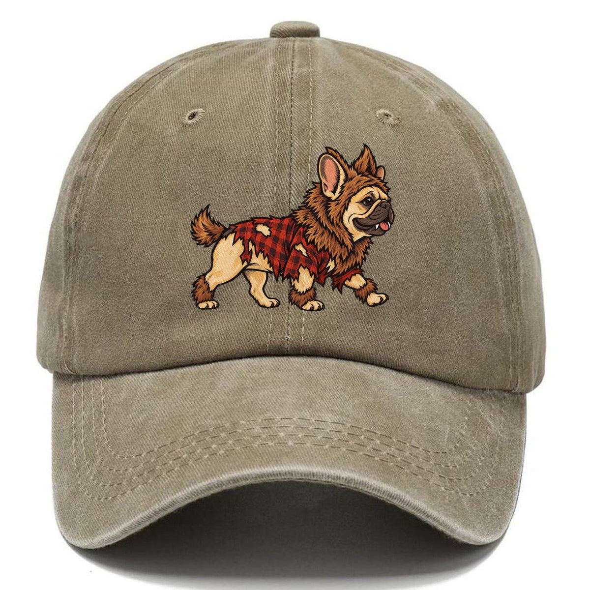 One French Bulldog In Halloween Costume Werewolf With Tufted Fur Patches And Small Fangs Halloween Dog Parade Classic Cap – Warm Sand
