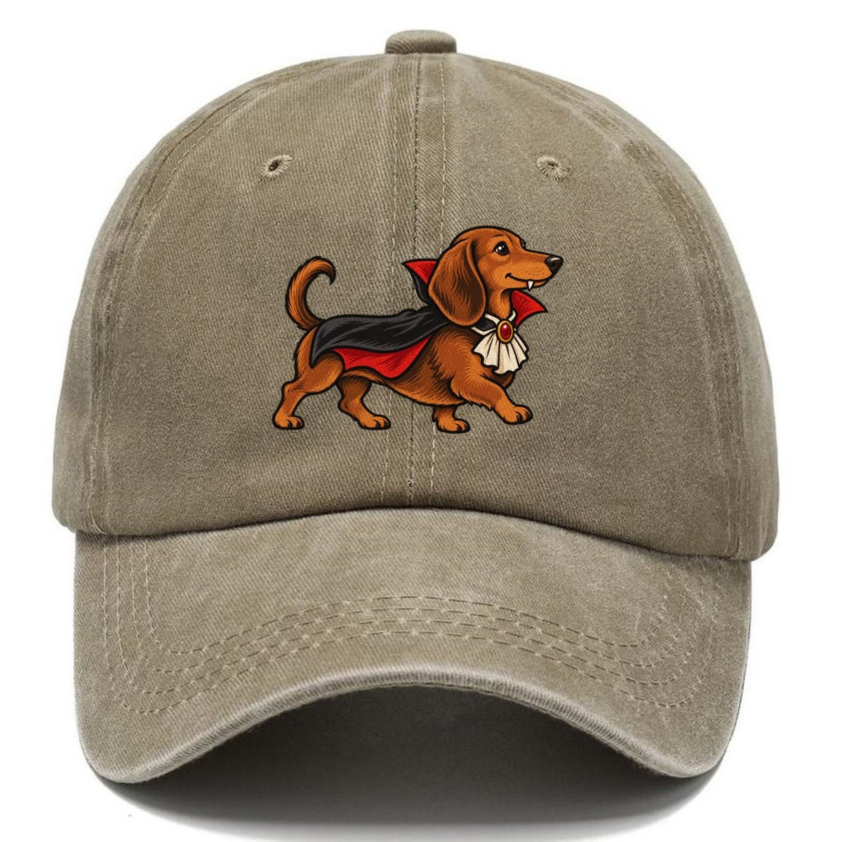 One Dachshund In Halloween Costume Vampire With A Small Cape And Pointed Collar Halloween Dog Parade Classic Cap – Warm Sand