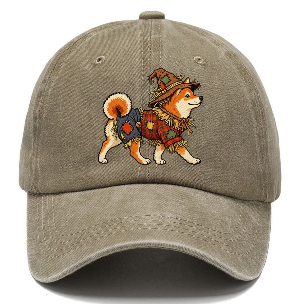 One Shiba Inu In Halloween Costume Scarecrow Costume With Straw Patches And A Plaid Shirt Halloween Dog Parade Classic Cap – Warm Sand