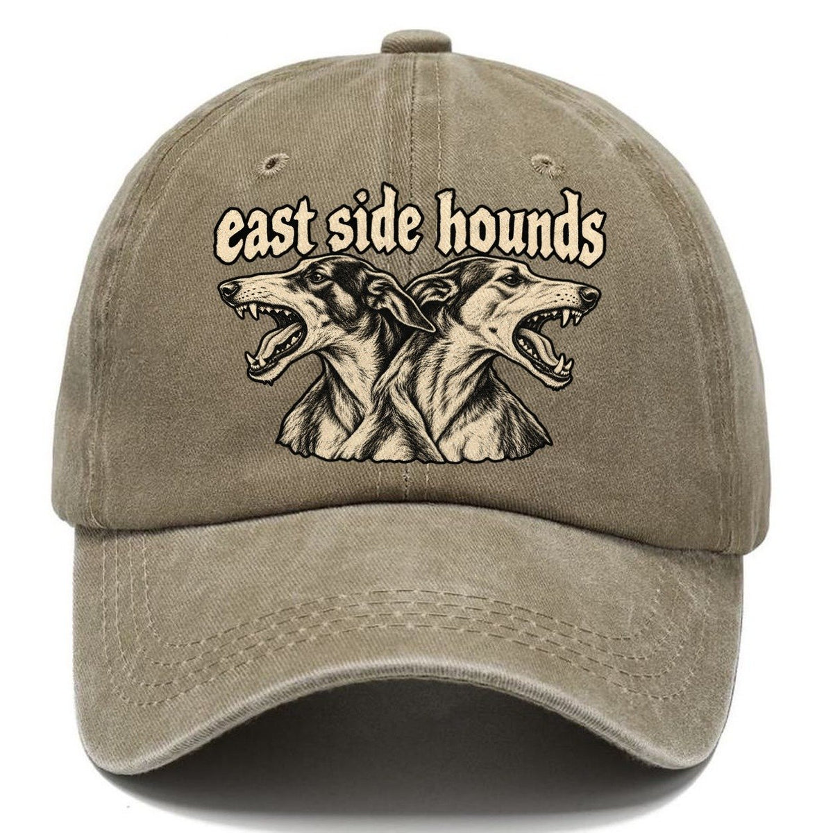 Two Lean Hound Heads Back To Back Facing Opposite Directions Bark For Me Classic Cap – Warm Sand