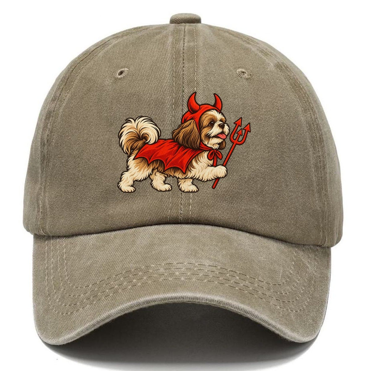 One Shih Tzu In Halloween Costume Little Devil With Horns And A Pitchfork Prop Halloween Dog Parade Classic Cap – Warm Sand