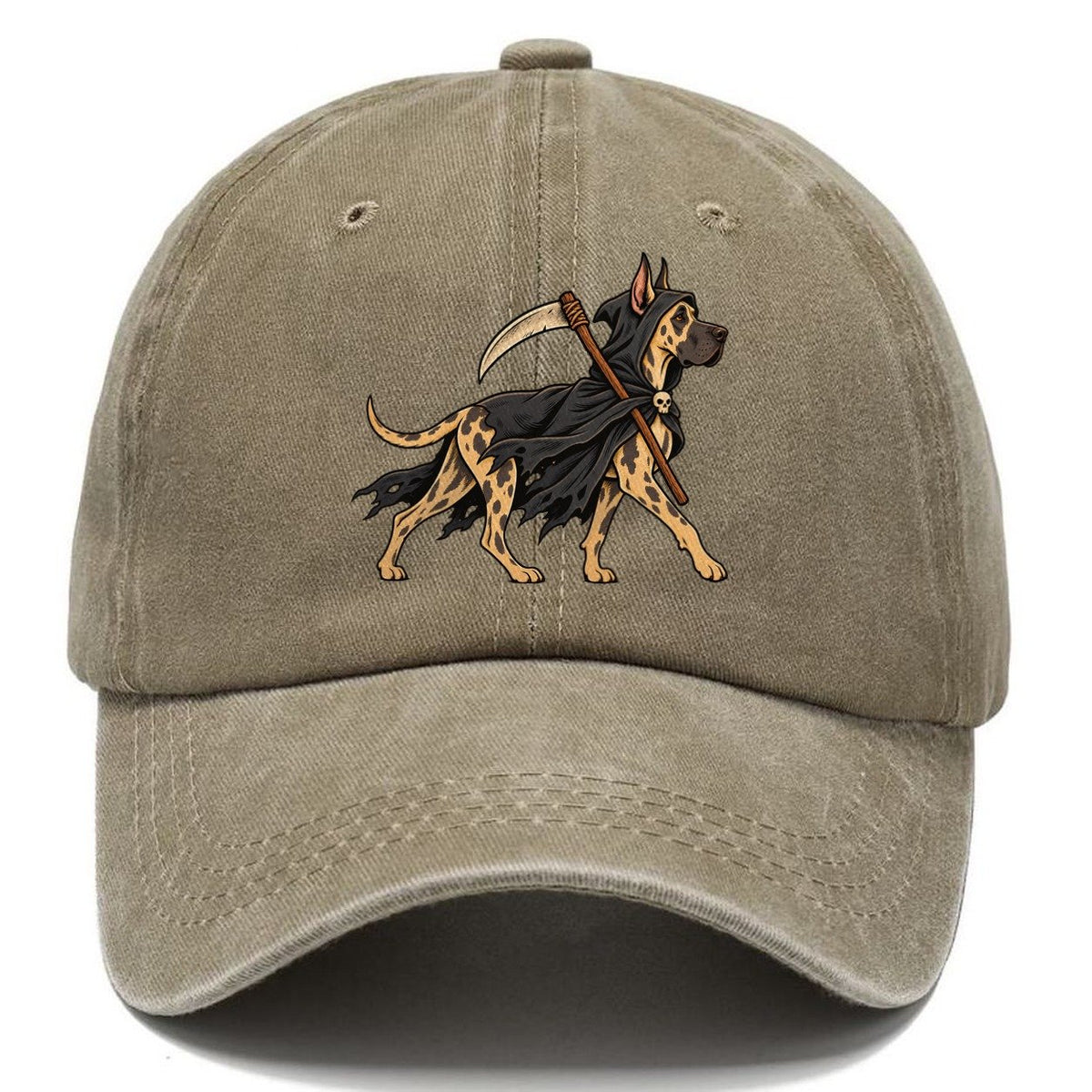 One Great Dane In Halloween Costume Grim Reaper With A Small Hooded Cloak And Toy Scythe Halloween Dog Parade Classic Cap – Warm Sand