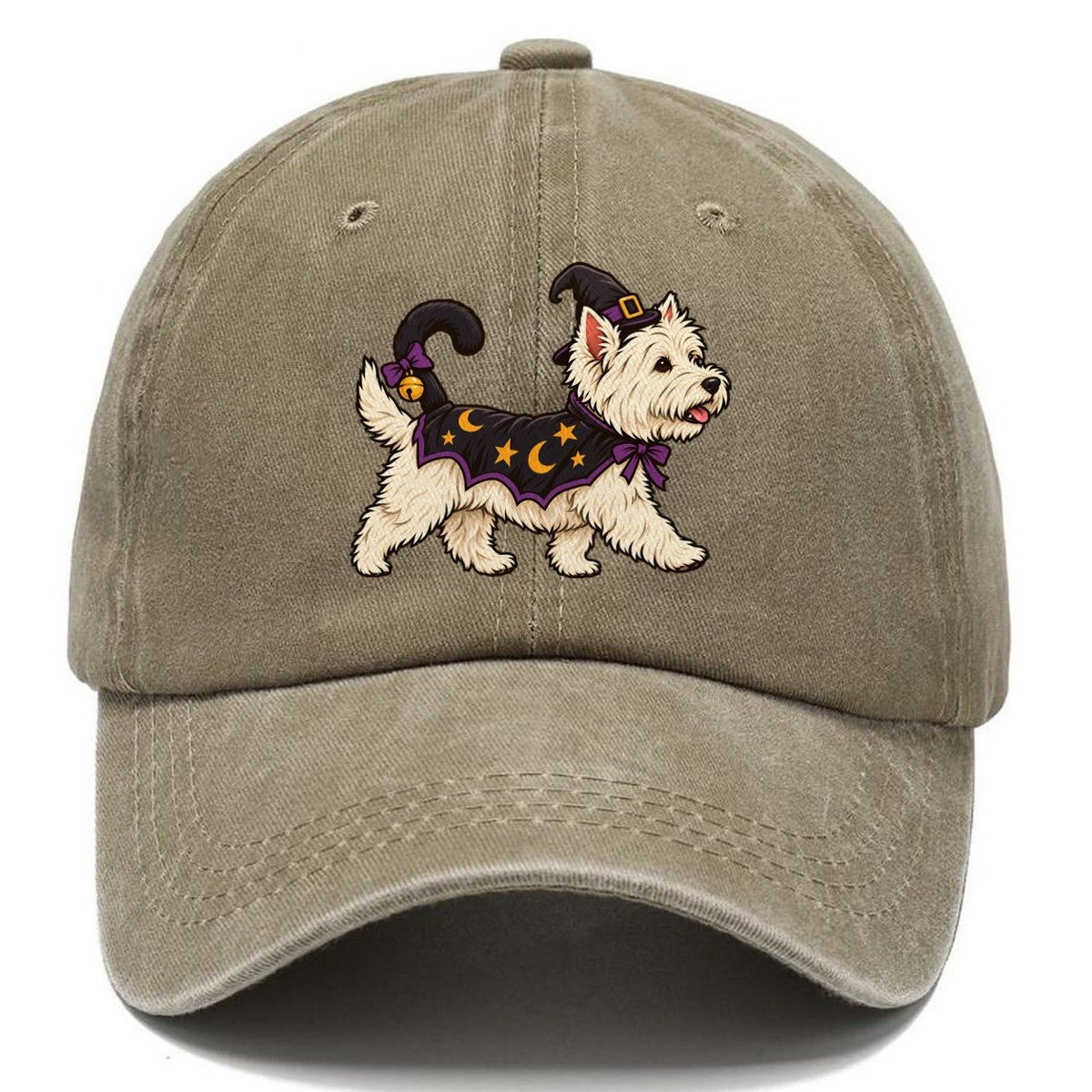 One West Highland Terrier In Halloween Costume Little Witch S Cat Familiar Costume With A Tiny Hat Halloween Dog Parade Classic Cap – Warm Sand