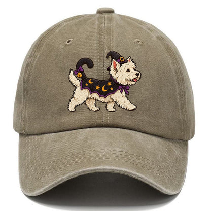 One West Highland Terrier In Halloween Costume Little Witch S Cat Familiar Costume With A Tiny Hat Halloween Dog Parade Classic Cap – Warm Sand