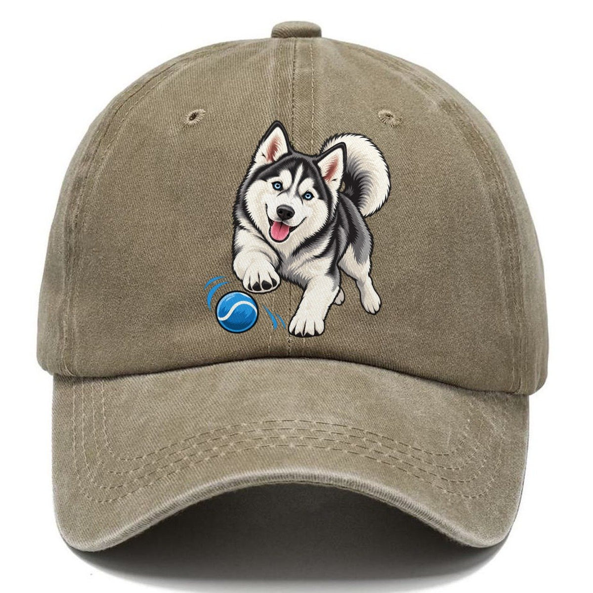 Blue-Eyed Husky Chasing Ball Classic Cap – Warm Sand