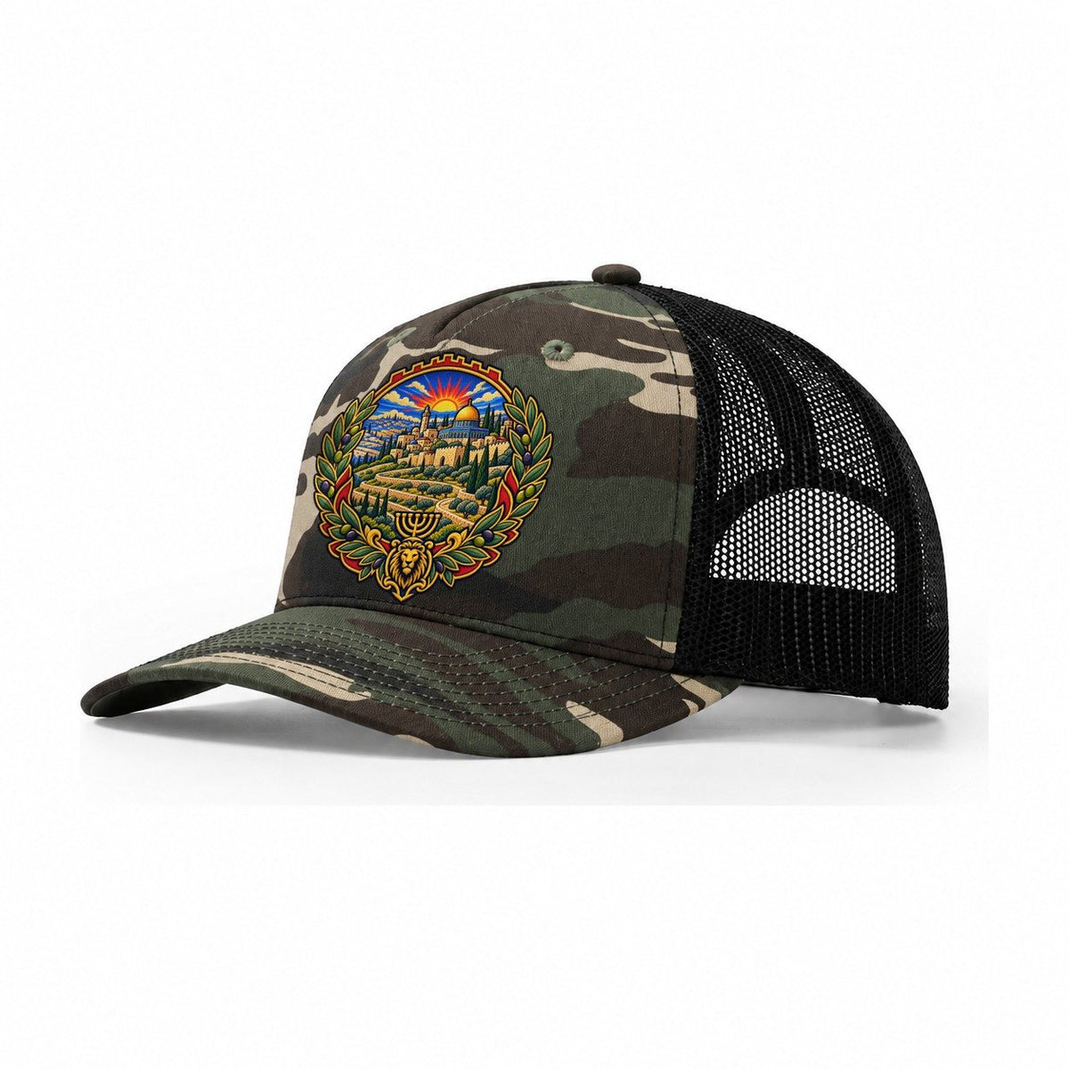 Judean Hills Terraces Jerusalem Trucker Hat – Woodland Camo Black