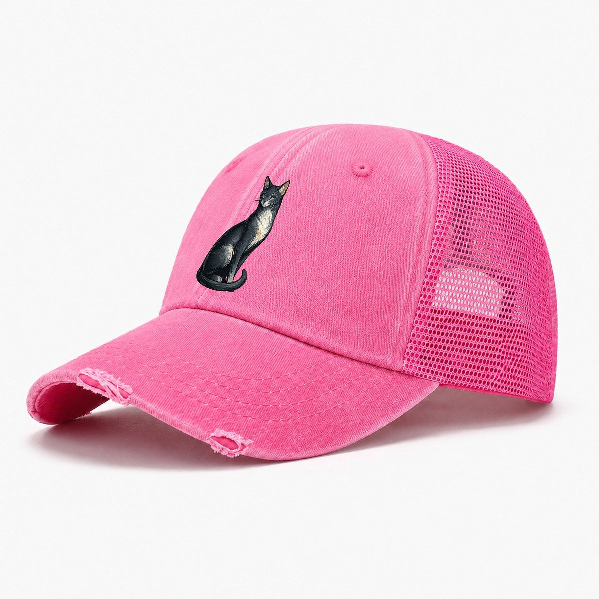 Blue-Eyed Gray Cat Washed Trucker Hat – Rose