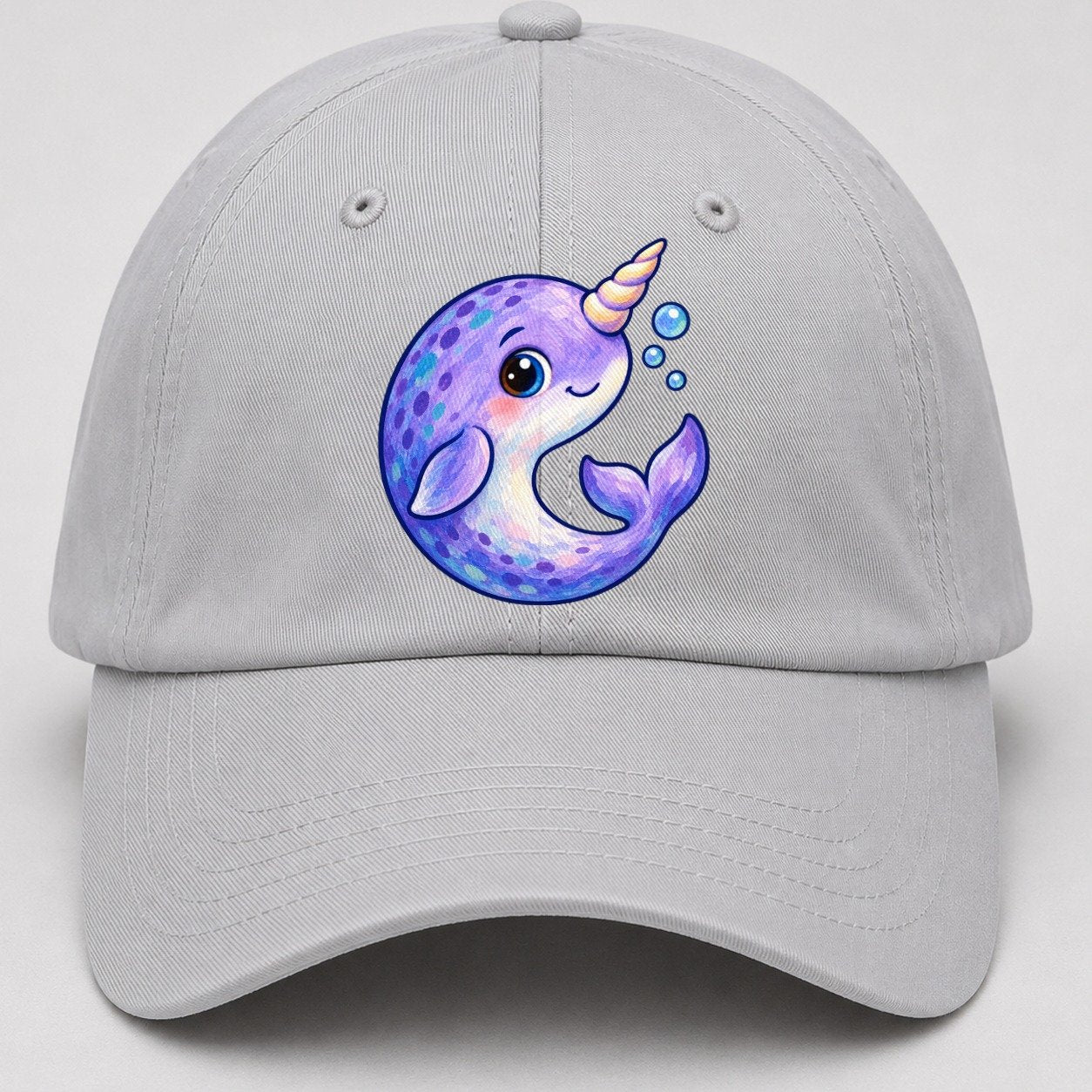 Narwhal Crescent Curl Sea Sprite Baseball Cap – Light Gray