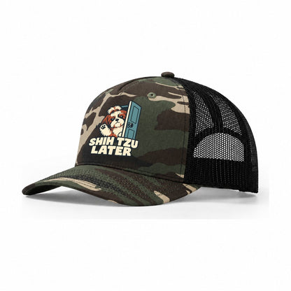 Shih Tzu Later Familiar Punchlines Trucker Hat – Woodland Camo Black