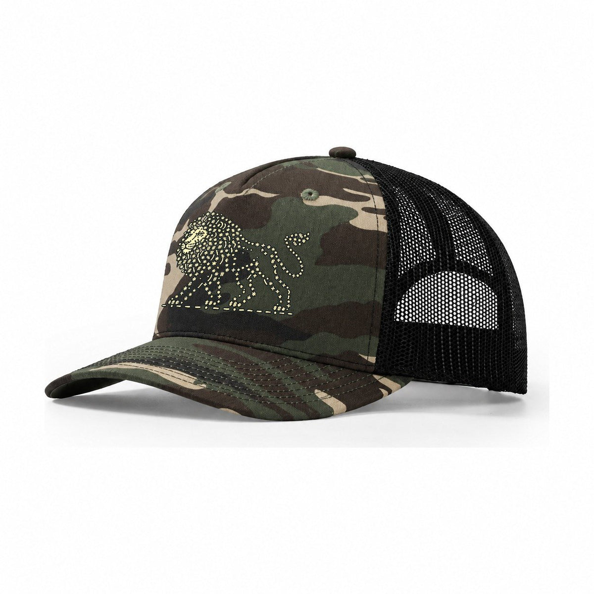 Lion Horizon Walk Trucker Hat – Woodland Camo Black