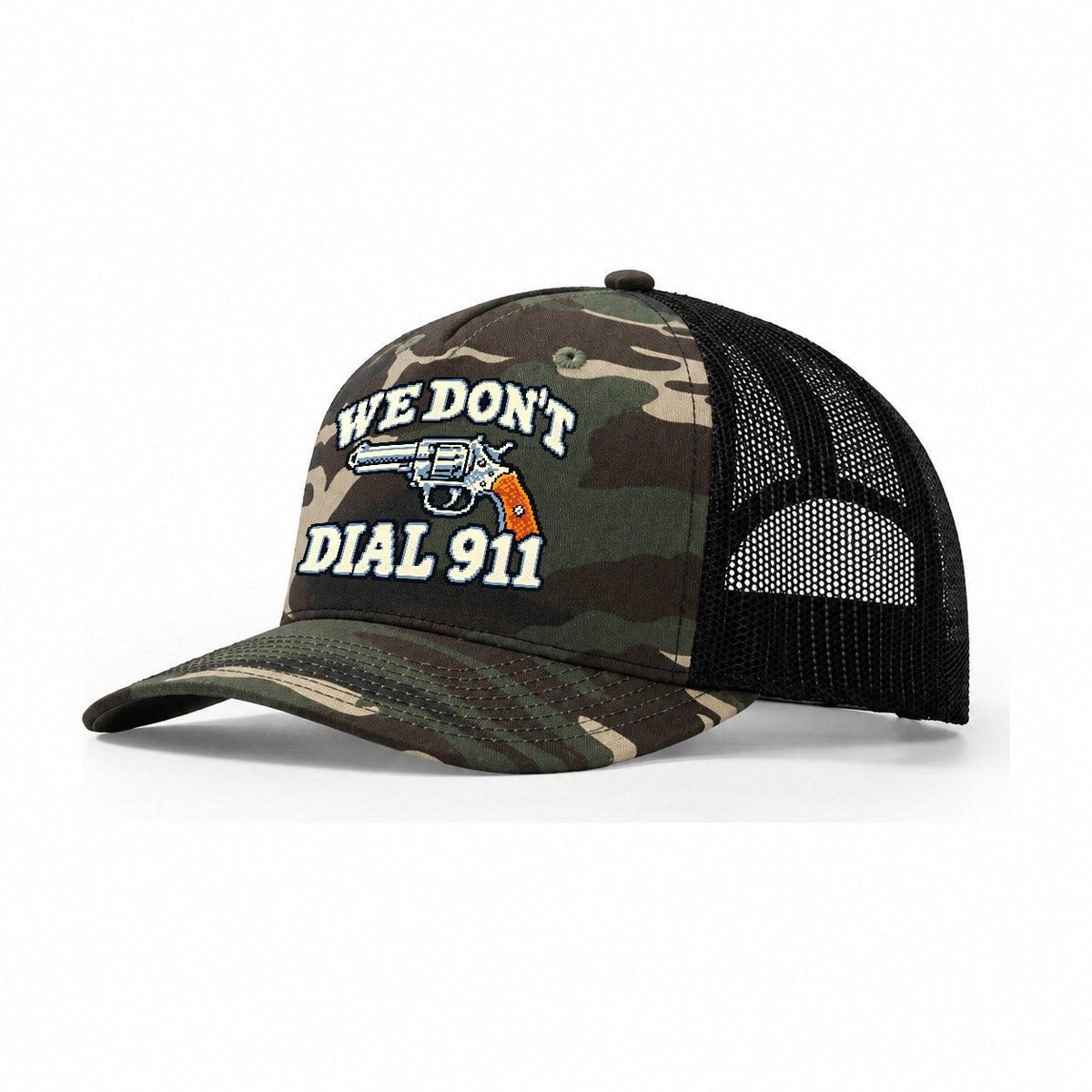 Arcade Pixel We Don't Dial 911 Trucker Hat – Woodland Camo Black